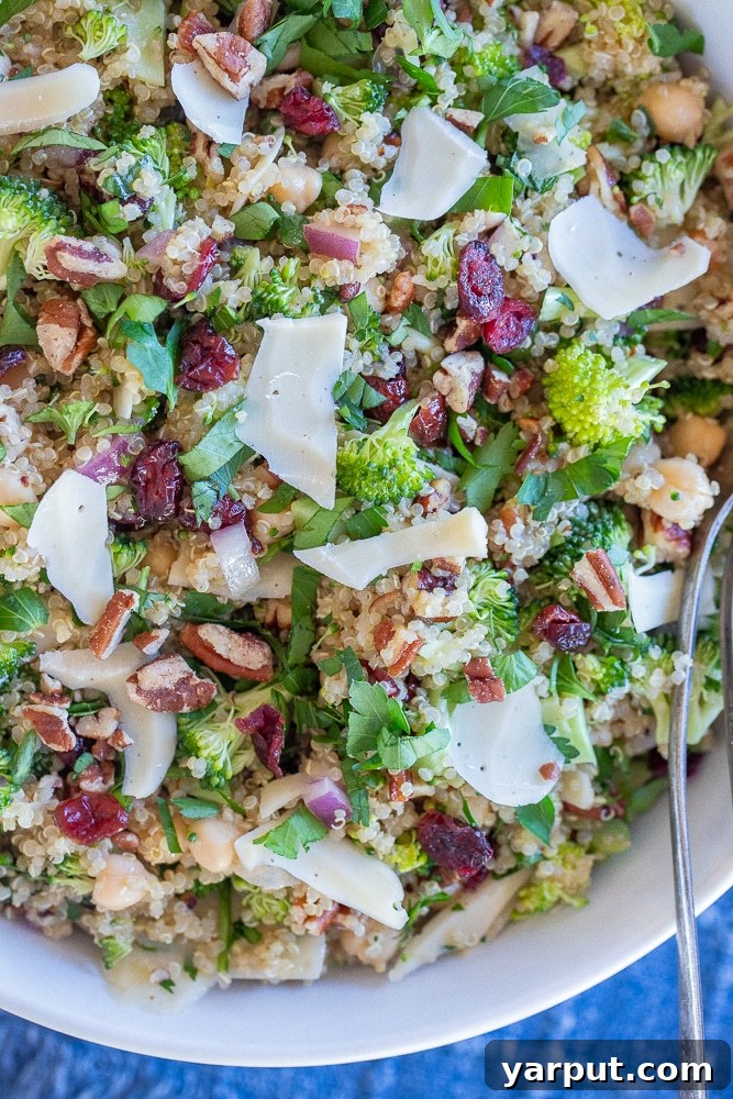 Vibrant Quinoa Broccoli Chickpea Salad 6 close up of this vegan quinoa salad with broccoli, showing texture and vibrant colors