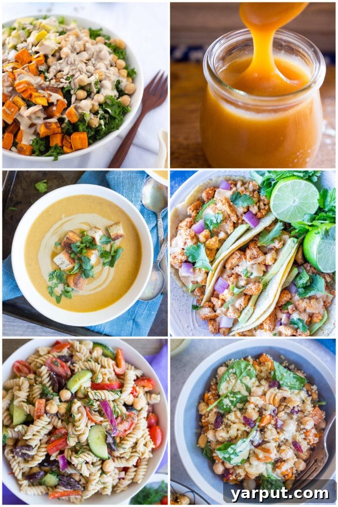 Vibrant Green Tahini Dressing 7 A collage of six different vegan tahini recipes, including tacos, caramel sauce, pasta salad, falafel soup, kale salad, and quinoa salad