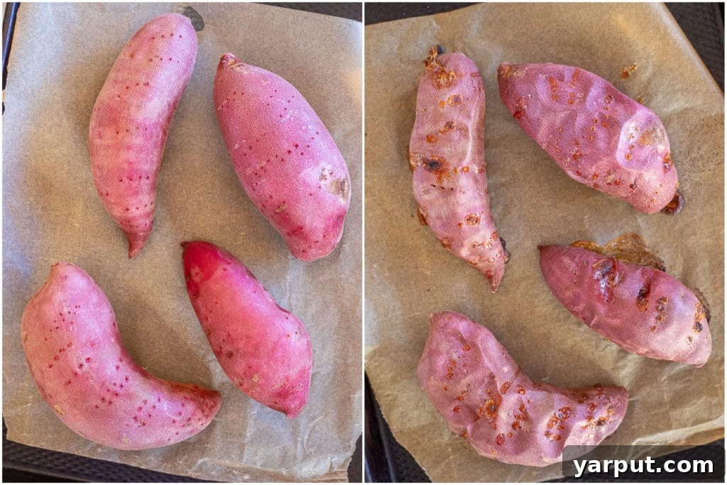 Plant-Powered Sloppy Joe Stuffed Sweet Potatoes 3 Step-by-step image showing how to prepare and roast sweet potatoes in an oven, laid out on a baking sheet.