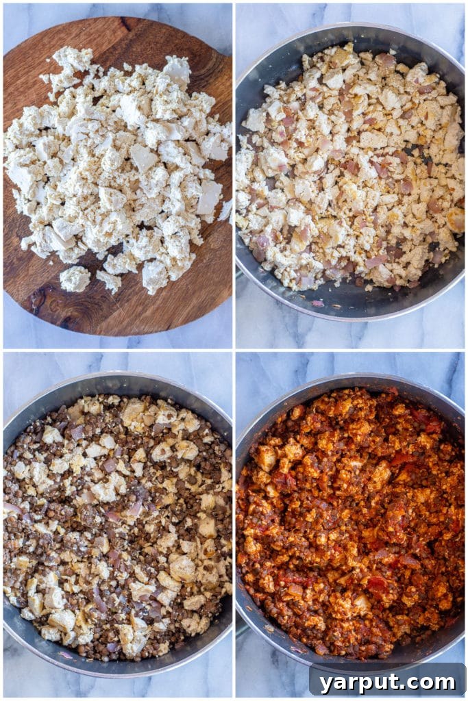 Plant-Powered Sloppy Joe Stuffed Sweet Potatoes 4 An overhead view capturing the process of making the vegan sloppy Joe mixture, showing crumbled tofu and lentils simmering in a rich, savory sauce.