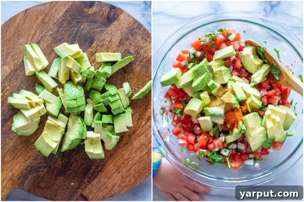 Hearty Avocado Salsa 4 avocado diced up and added to the chunky avocado salsa bowl