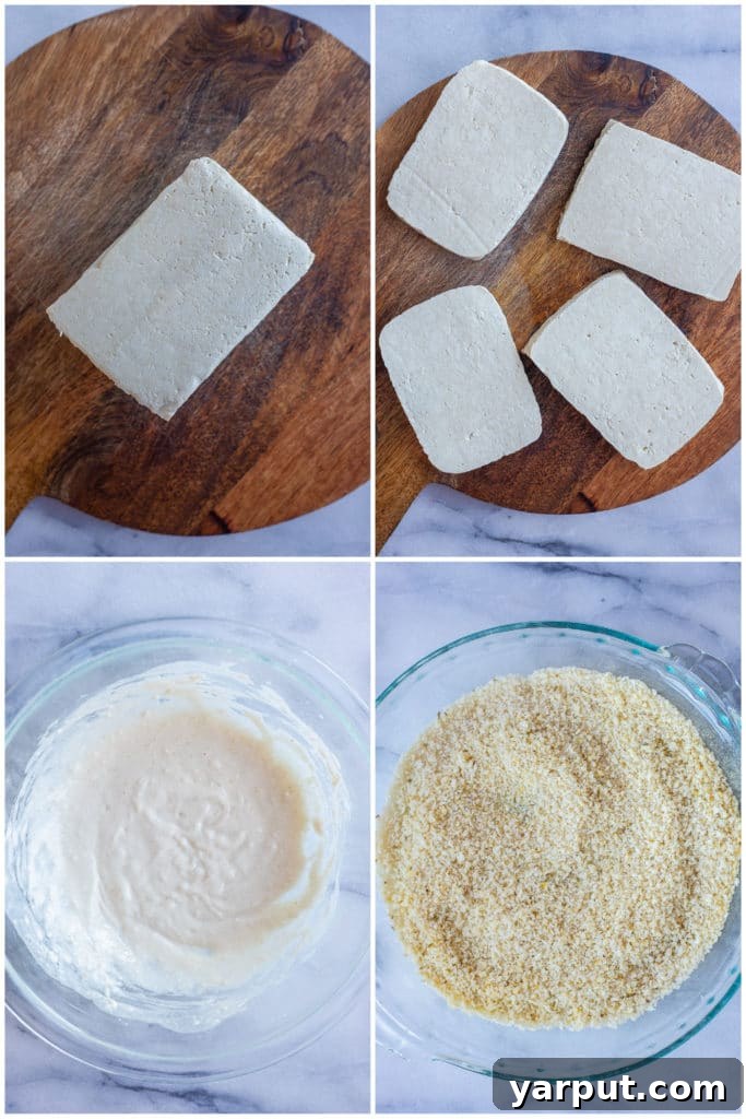 Cheesy Vegan Tofu Parmesan 3 step-by-step guide showing tofu slices being prepared, dipped in a plant-based batter, and coated in a seasoned panko mixture for Vegan Tofu Parmesan