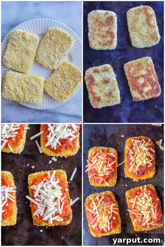 Cheesy Vegan Tofu Parmesan 4 detailed step-by-step images illustrating the process of breading and cooking vegan tofu parmesan, from coating to frying