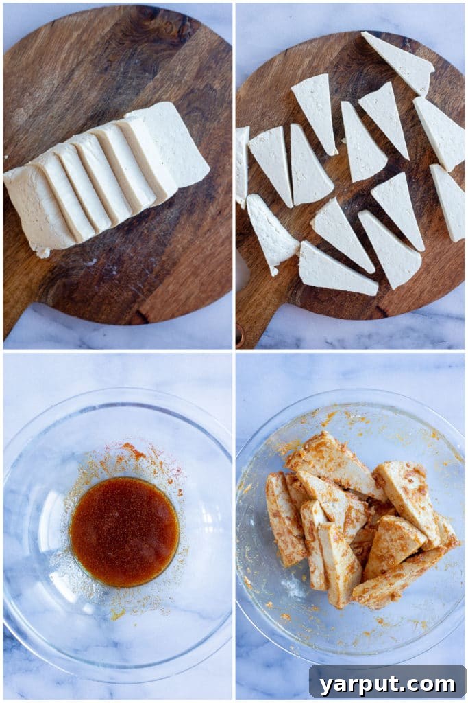One-Pan BBQ Tofu Power Plate 3 showing how to cut and marinate the BBQ tofu before adding to the sheet pan for cooking