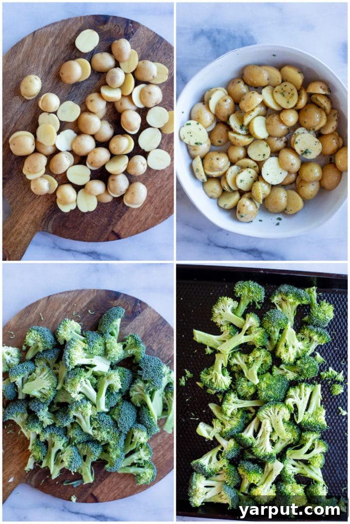 One-Pan BBQ Tofu Power Plate 4 showing how to prepare the potatoes and broccoli for roasting on a baking sheet