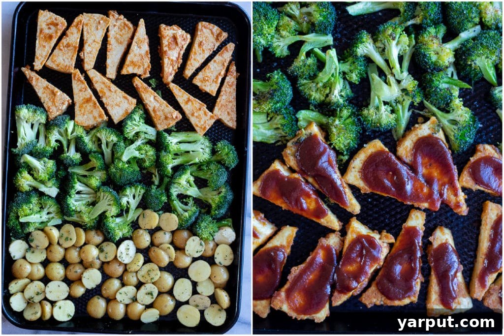 One-Pan BBQ Tofu Power Plate 5 sheet pan dinner before it's been put in the oven, showing raw ingredients