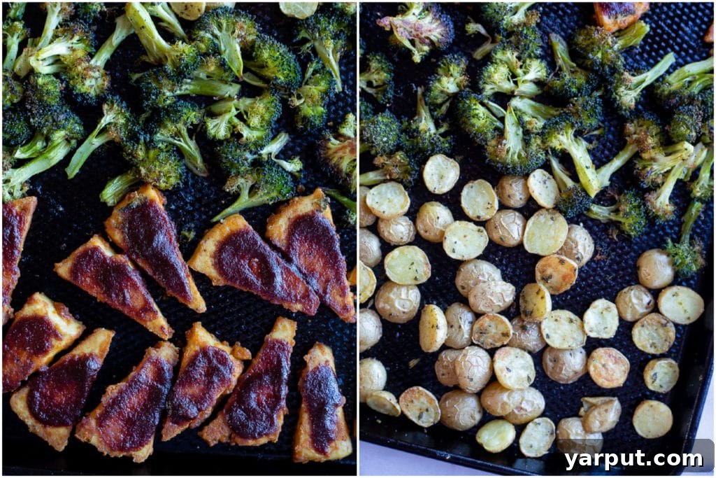 One-Pan BBQ Tofu Power Plate 6 Sheet Pan BBQ Tofu with broccoli and potatoes after it has been cooked, ready to serve