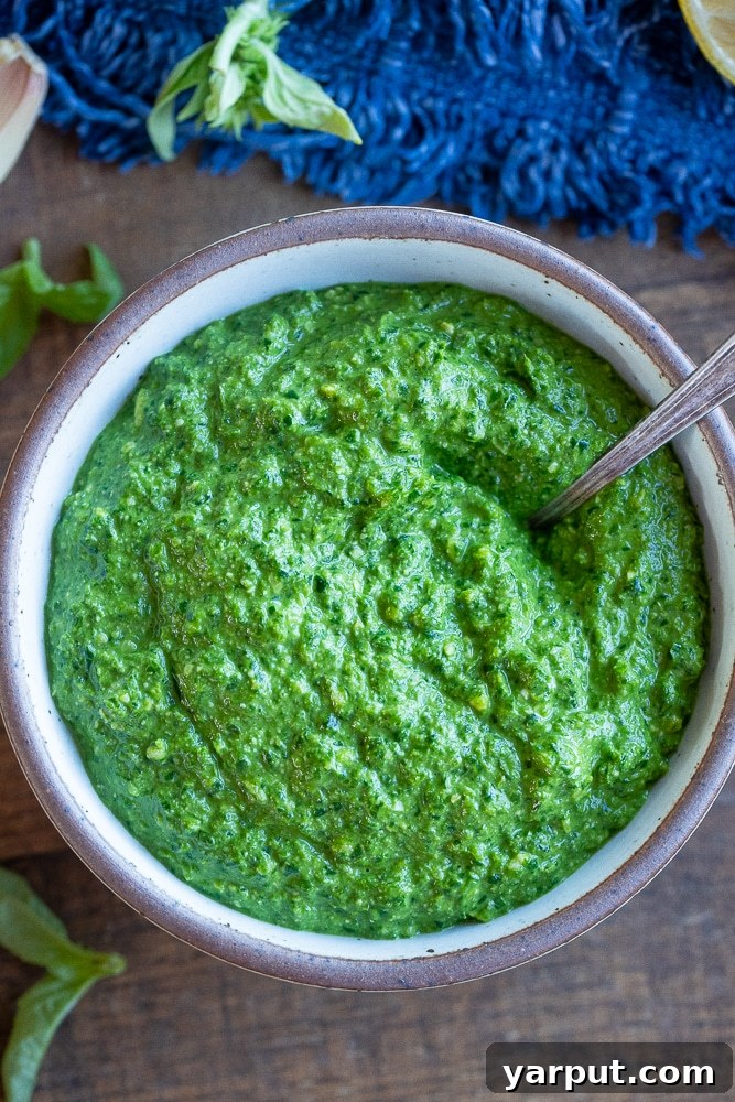 Effortless Vegan Pesto 6 flat lay photo of vegan pesto sauce in a bowl