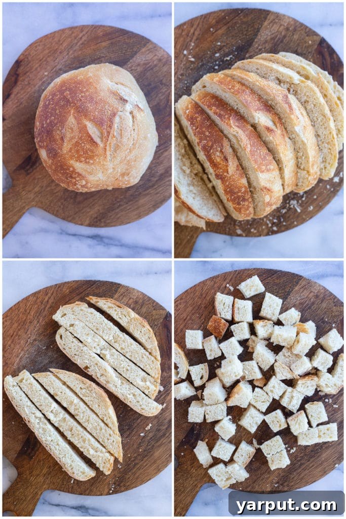 Golden Garlic Herb Croutons 3 A step-by-step visual guide showing how to efficiently cut a loaf of bread into perfect crouton cubes.