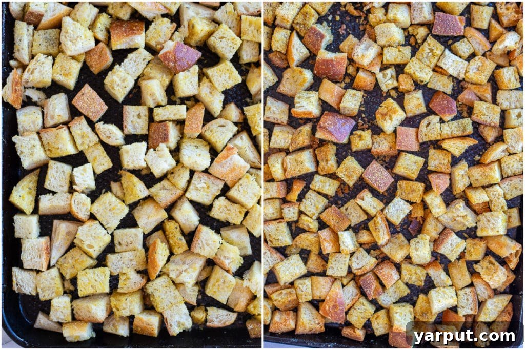 Golden Garlic Herb Croutons 4 A baking sheet showcasing croutons both before and after being perfectly baked to a golden crisp in the oven.