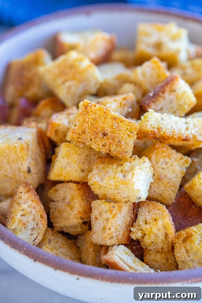 Golden Garlic Herb Croutons 6 A close-up shot of a single homemade crouton, highlighting its golden crust and the visible garlic and herb seasonings.