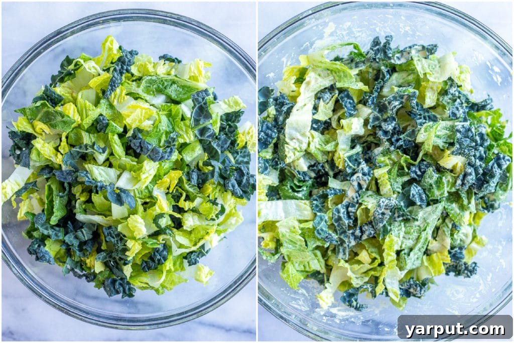 A large bowl containing chopped romaine lettuce and dino kale, glistening with a generous coating of creamy vegan Caesar dressing, ready for additional toppings.