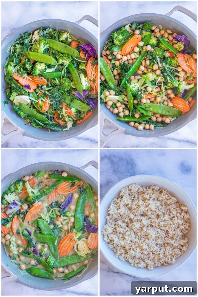 Hearty Chickpea and Vegetable Thai Green Curry 4 Step-by-step photos illustrating the simple process of making Thai green curry with chickpeas: preparing rice, sautéing vegetables, adding chickpeas and curry sauce, and serving the finished dish.