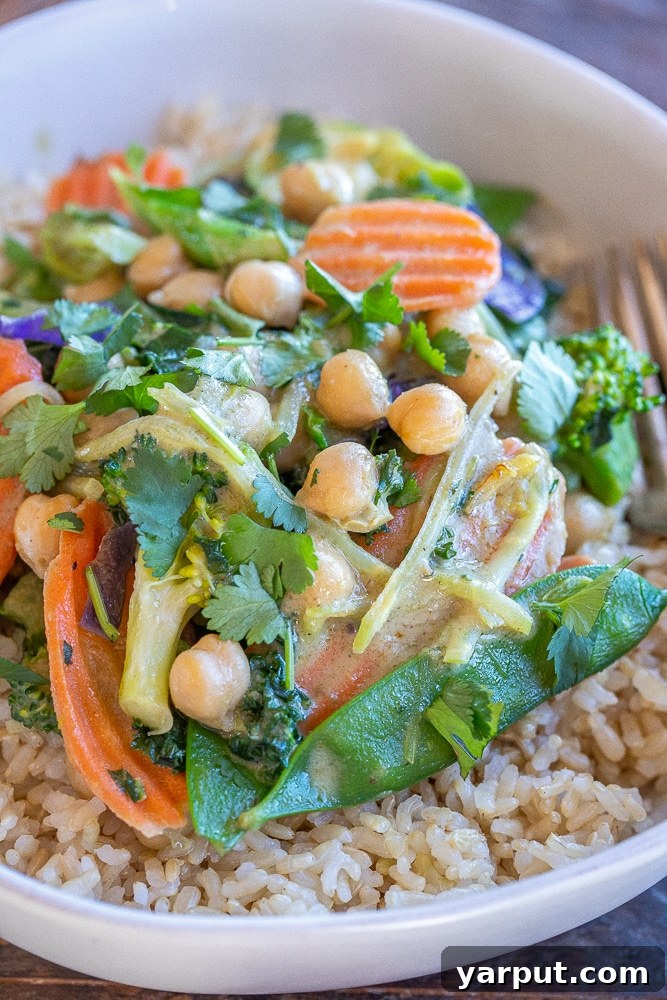 Hearty Chickpea and Vegetable Thai Green Curry 6 A close-up of the finished Thai green curry with chickpeas and colorful vegetables, served neatly in a bowl with a side of brown rice, ready to be enjoyed.