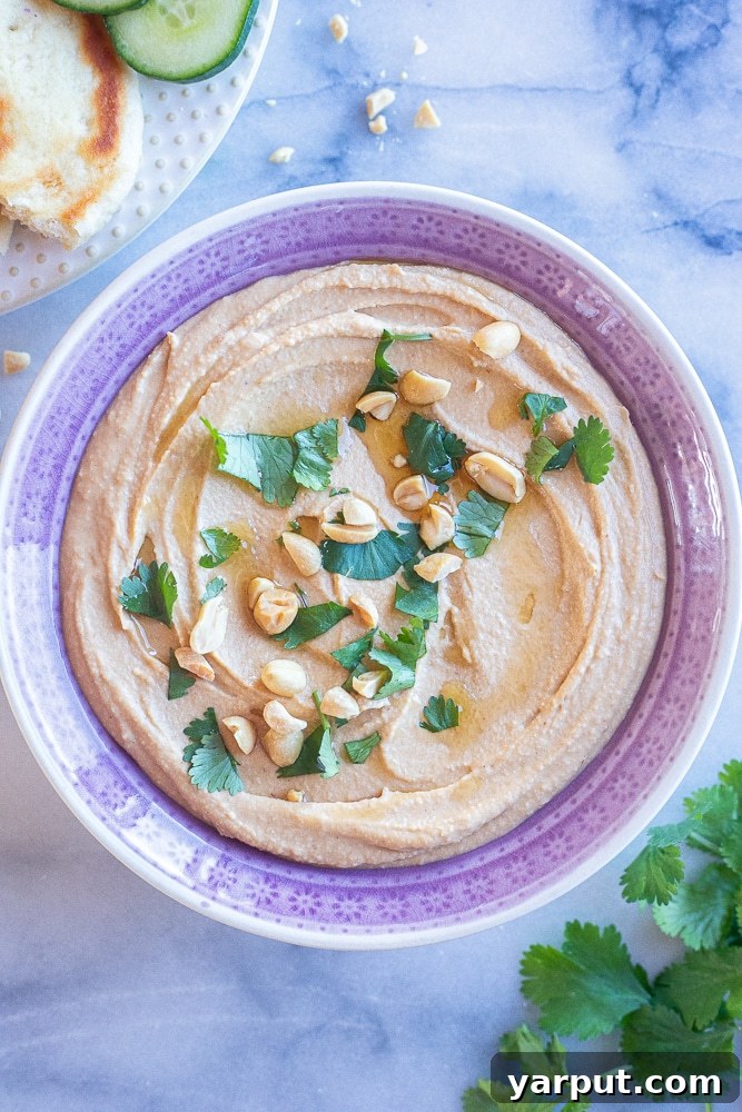 Creamy Peanut Hummus 2 A beautifully garnished bowl of creamy Peanut Butter Hummus, ready to be enjoyed as a dip or spread.