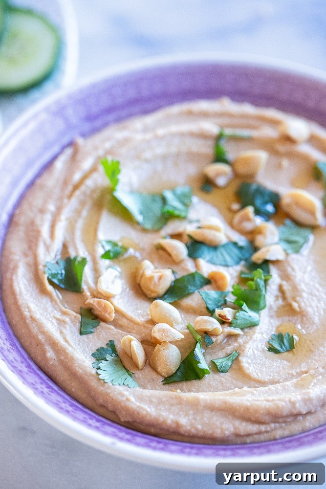 Creamy Peanut Hummus 5 A close-up view of a serving bowl filled with a delightful, creamy peanut butter hummus, inviting you to dip in.