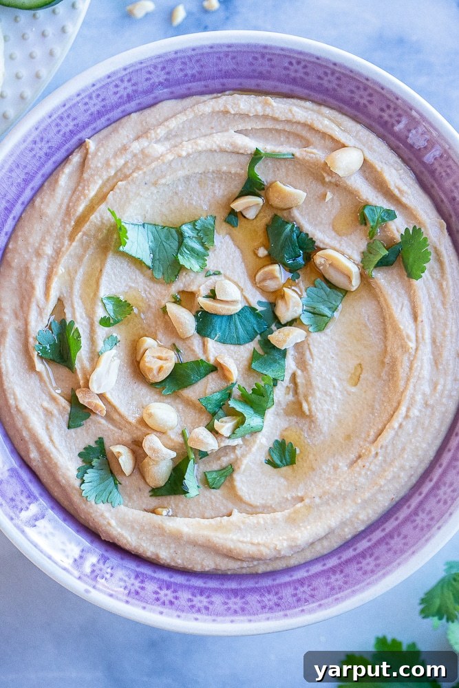 Creamy Peanut Hummus 6 Another close-up shot of a bowl of easy-to-make peanut butter hummus, highlighting its smooth and inviting texture.