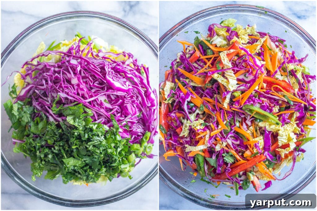 Plant-Powered Peanut Hummus Wraps 3 A large bowl filled with an array of thinly sliced, colorful vegetables including Napa cabbage, purple cabbage, carrots, red bell pepper, and green onions, ready for the wraps.