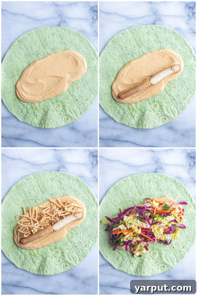 Plant-Powered Peanut Hummus Wraps 4 A step-by-step visual guide showing how to assemble the peanut butter hummus veggie wraps, from spreading hummus to adding tofu, noodles, and the colorful vegetable mixture.