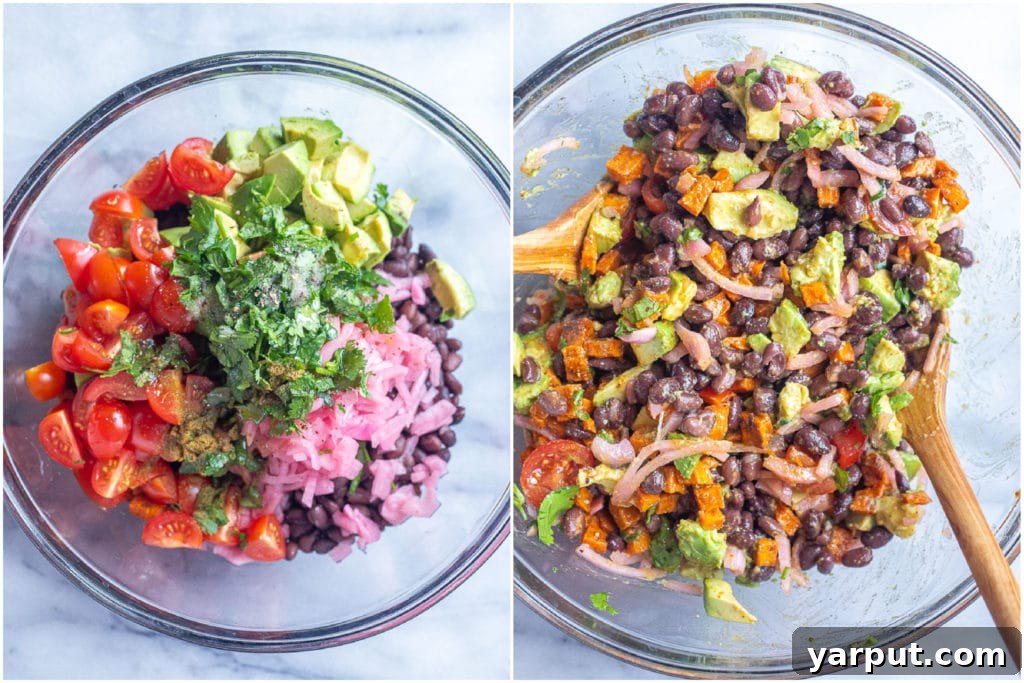All the fresh ingredients for Chipotle Roasted Sweet Potato Salad gathered in a large bowl, ready to be mixed, showcasing a colorful and inviting preparation stage.