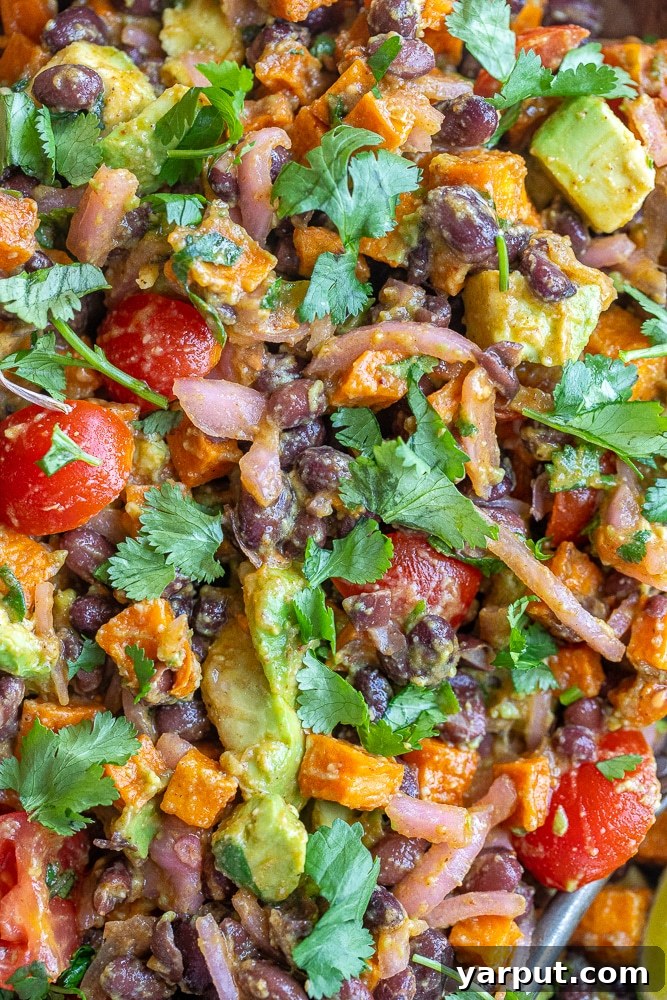 Smoky Chipotle Sweet Potato Salad 5 Close-up view of Chipotle Roasted Sweet Potato Salad, showcasing tender sweet potatoes, black beans, and vibrant pickled onions mixed together.