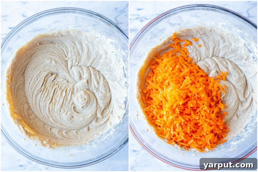 Moist Carrot Cake Muffins 3 Showing the process of making carrot cake muffins, with a bowl of batter and grated carrots ready to be mixed.