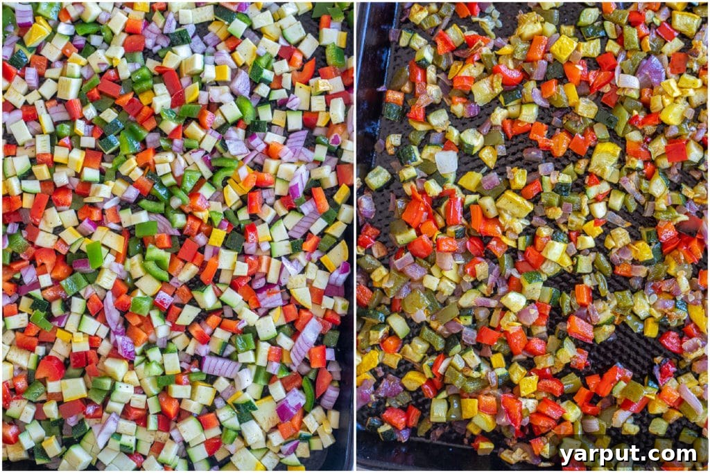 Savory Roasted Vegetable Tortilla Pizzas 3 vegetables before and after they have been roasted