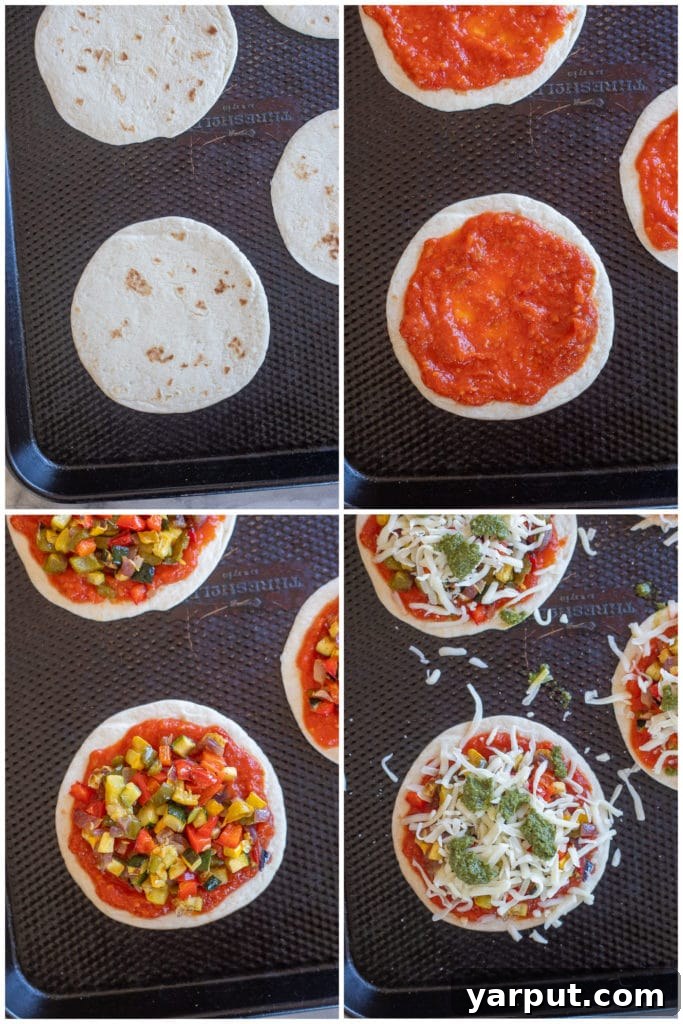Savory Roasted Vegetable Tortilla Pizzas 4 showing how to make mini tortilla pizzas step by step