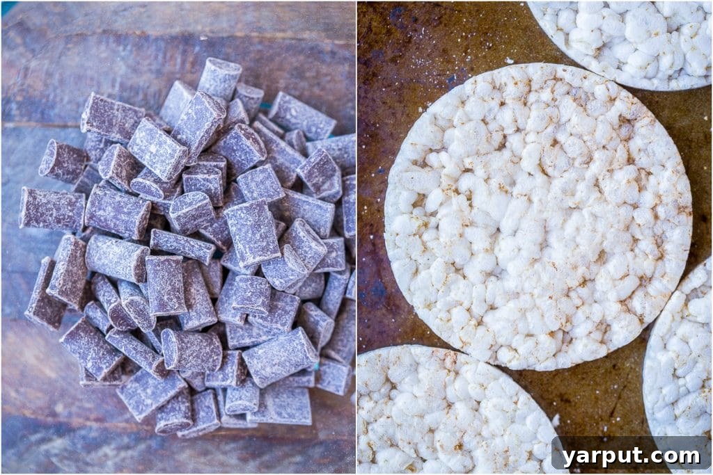 Sweet Crunch Chocolate Rice Cakes 3 chocolate chips in a bowl next to plain rice cakes on a sheet pan, ready for coating