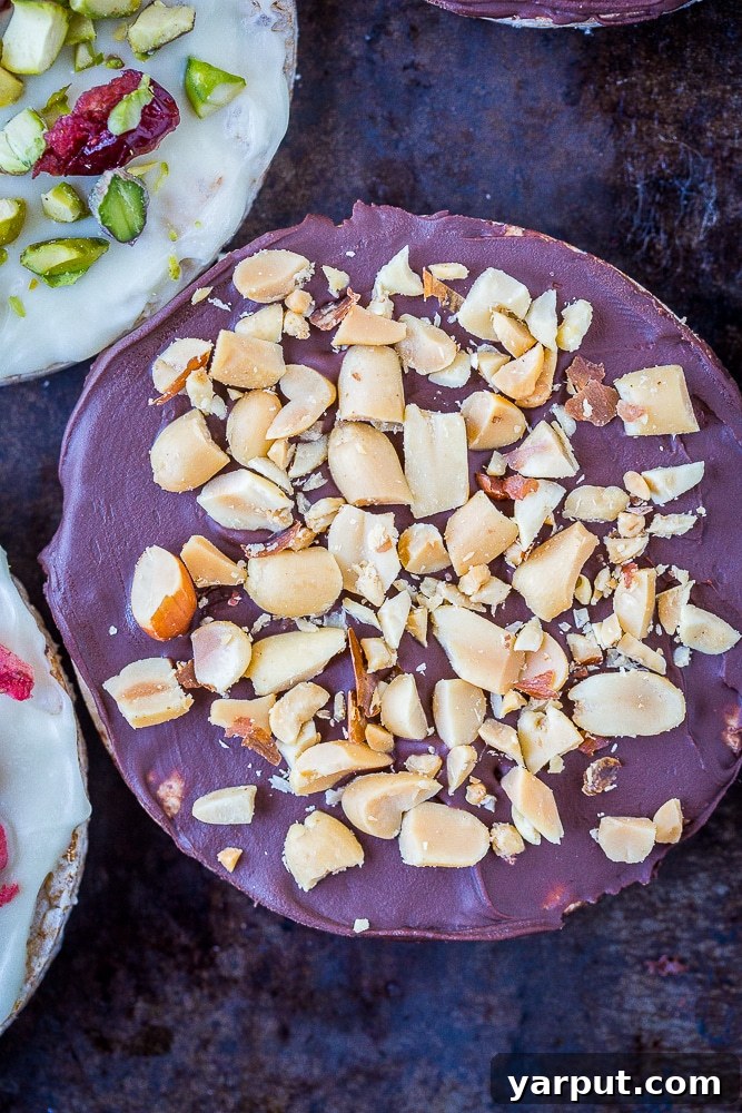 Sweet Crunch Chocolate Rice Cakes 5 a close-up of a chocolate peanut chocolate covered rice cake, garnished with roasted peanuts