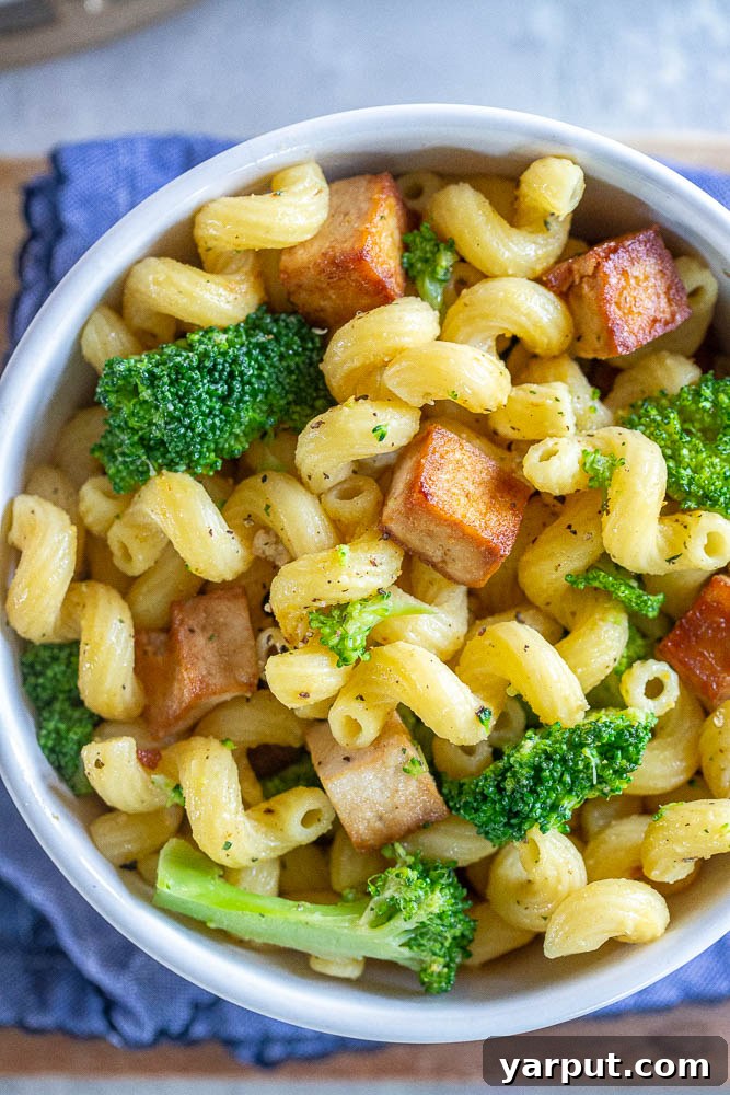 67 Beginner-Friendly Vegan Recipes 11 A comforting bowl of tofu broccoli pasta, with tender pasta, florets of broccoli, and seasoned tofu pieces, tossed in a light, savory sauce.