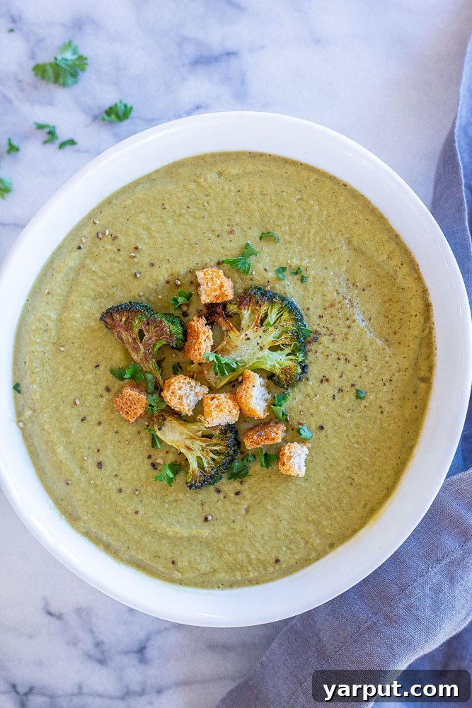 67 Beginner-Friendly Vegan Recipes 50 A creamy and vibrant easy roasted broccoli soup, garnished with fresh herbs and a swirl of coconut cream, perfect for a healthy and comforting meal.