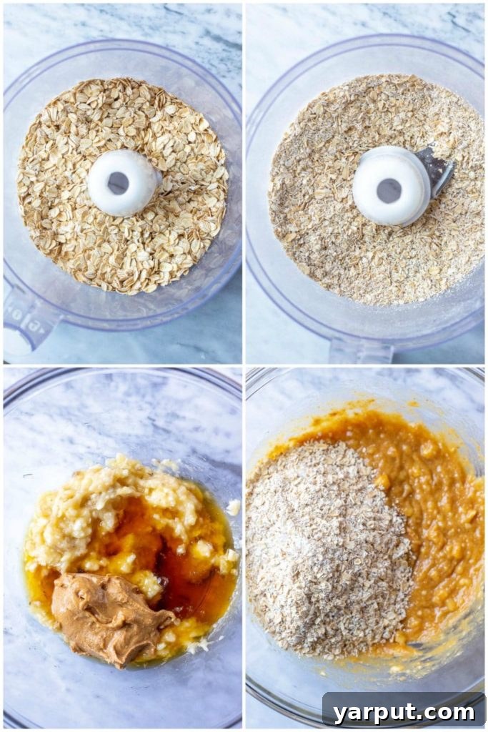 A visual guide showing the steps to make peanut butter banana cookies, from mixing to scooping