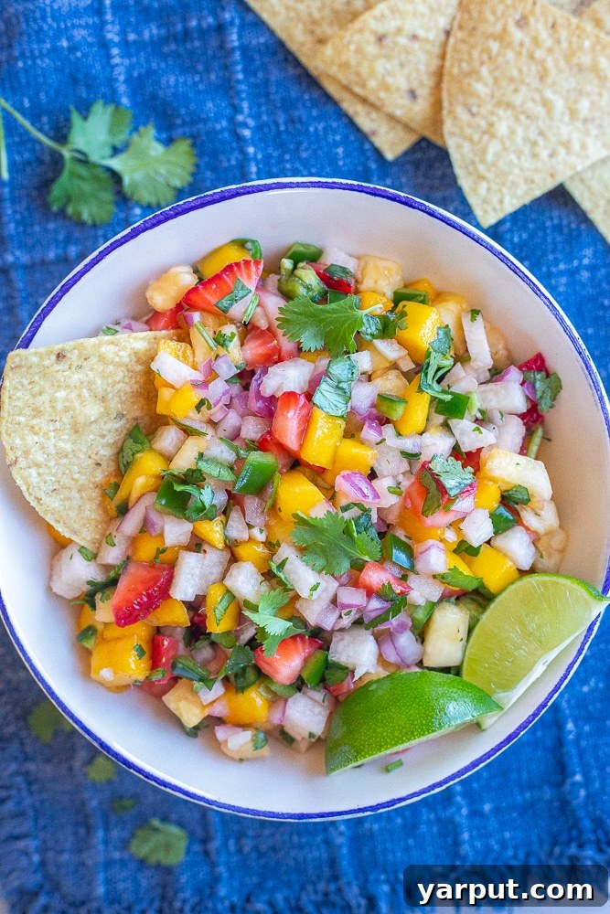 Luscious Fruit Salsa 2 fresh fruit salsa in a bowl with chips and limes