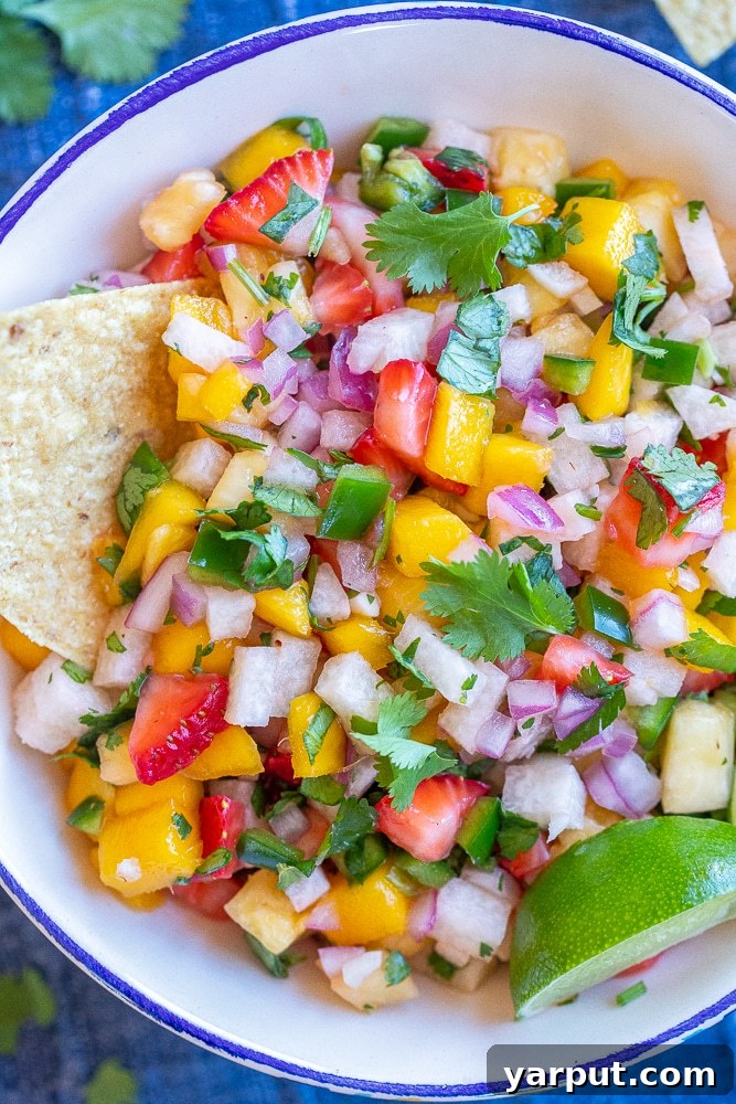 Luscious Fruit Salsa 5 close up of fruit salsa in a bowl with chips