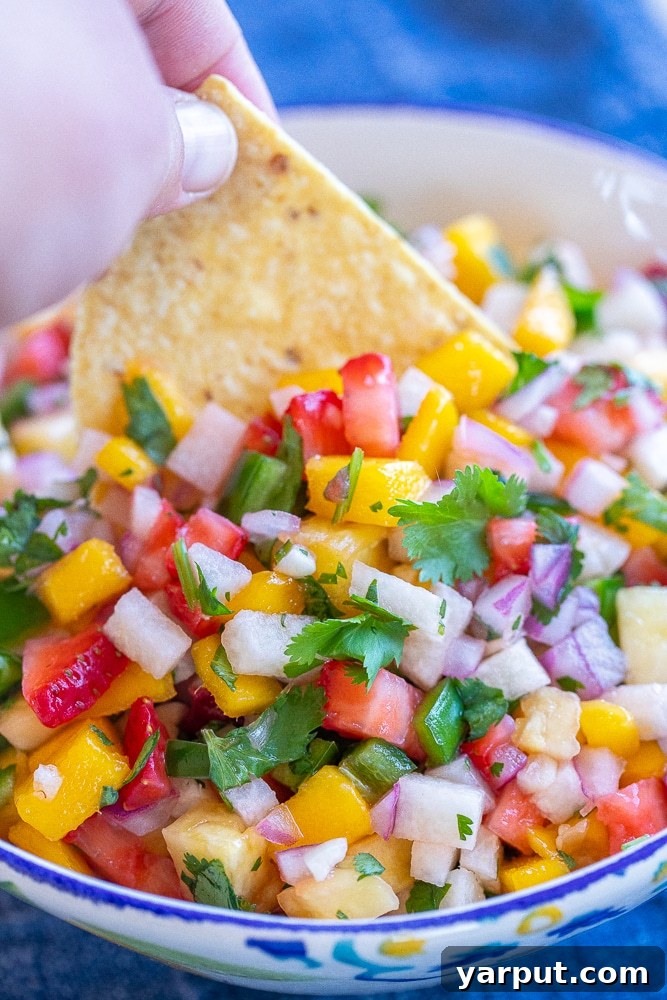 Luscious Fruit Salsa 6 a chip being dipped into fruit salsa