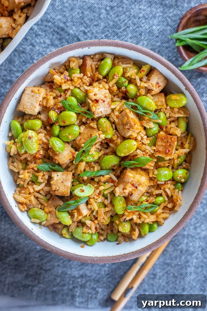 A large bowl of vibrant Spicy Edamame Stir Fry with Tofu, garnished with fresh green onions. This quick, easy, and flavorful vegan dish is packed with healthy plant-based protein, perfect for a satisfying lunch or dinner.