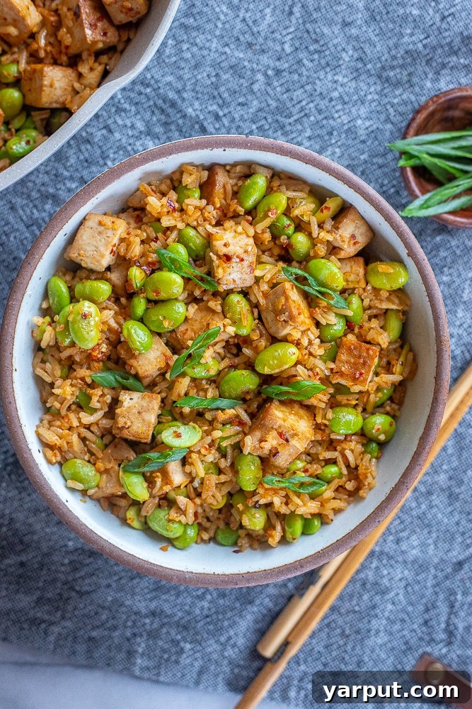 A beautifully presented bowl of spicy edamame stir fry, generously topped with chili crunch and tender tofu pieces, ready for a delicious meal.