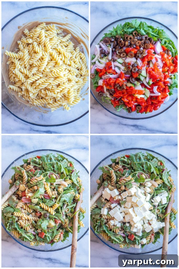 Zesty Arugula Pasta with Tahini Balsamic 3 Close-up shot illustrating the step-by-step process of making a vibrant and healthy balsamic pasta salad, highlighting the mixing of ingredients.