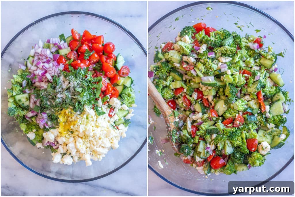 Broccoli Salad Hummus Pita Pockets 3 A step-by-step visual guide demonstrating the creation of broccoli salad, featuring all the fresh components like finely chopped broccoli, crisp cucumbers, juicy tomatoes, and vibrant herbs beautifully combined in a large, transparent glass mixing bowl.