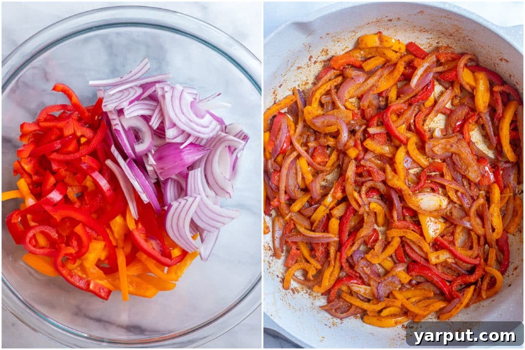 Vibrant Vegan Fajita Bowls with Creamy Avocado Drizzle 3 Close-up shot showing thinly sliced bell peppers and red onions being sautéed in a pan with fajita seasoning, illustrating the preparation of the fajita vegetables.