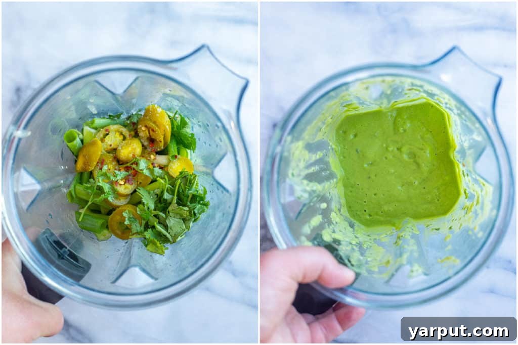 Vibrant Vegan Fajita Bowls with Creamy Avocado Drizzle 4 A blender filled with avocado, fresh herbs, lime, and other ingredients, ready to be blended into a creamy avocado sauce.