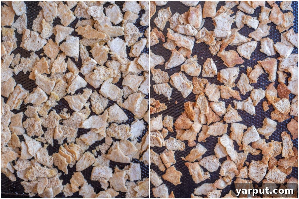 Golden Pita Salad 3 Step-by-step image showing how to toast pita bread pieces on a baking sheet in the oven until golden and crispy.
