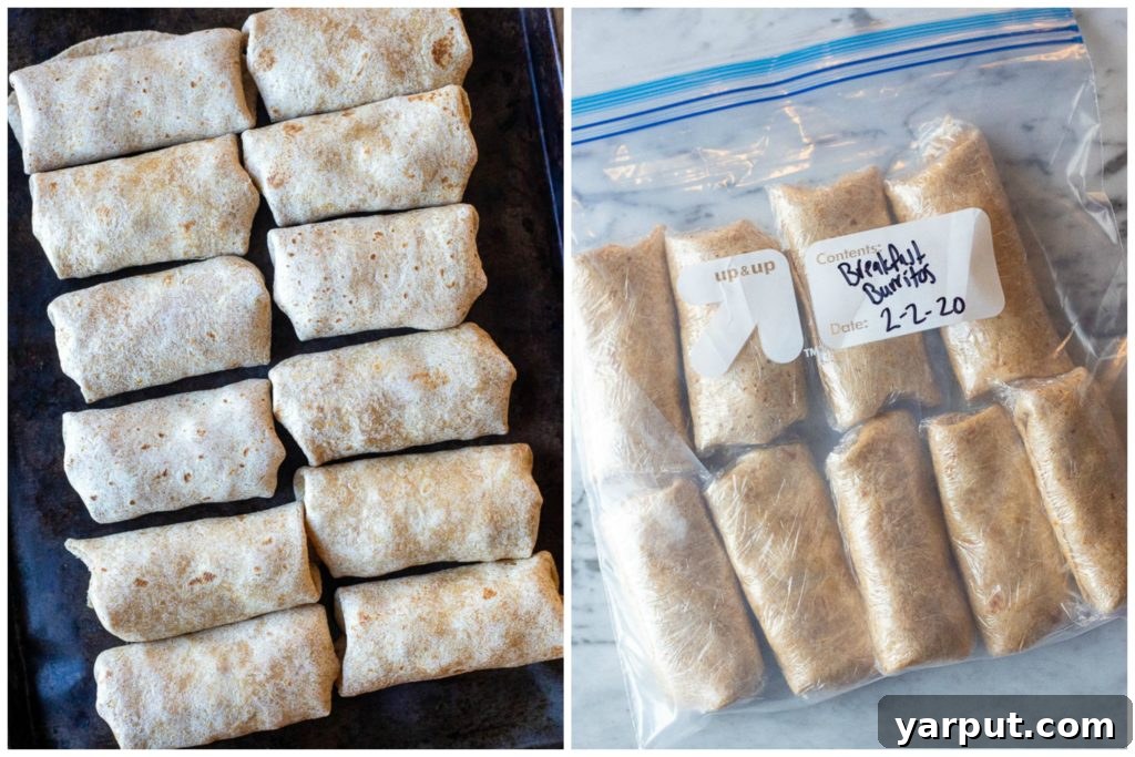 Multiple homemade breakfast burritos neatly arranged on a baking sheet and stored in a freezer bag, perfect for meal prep.