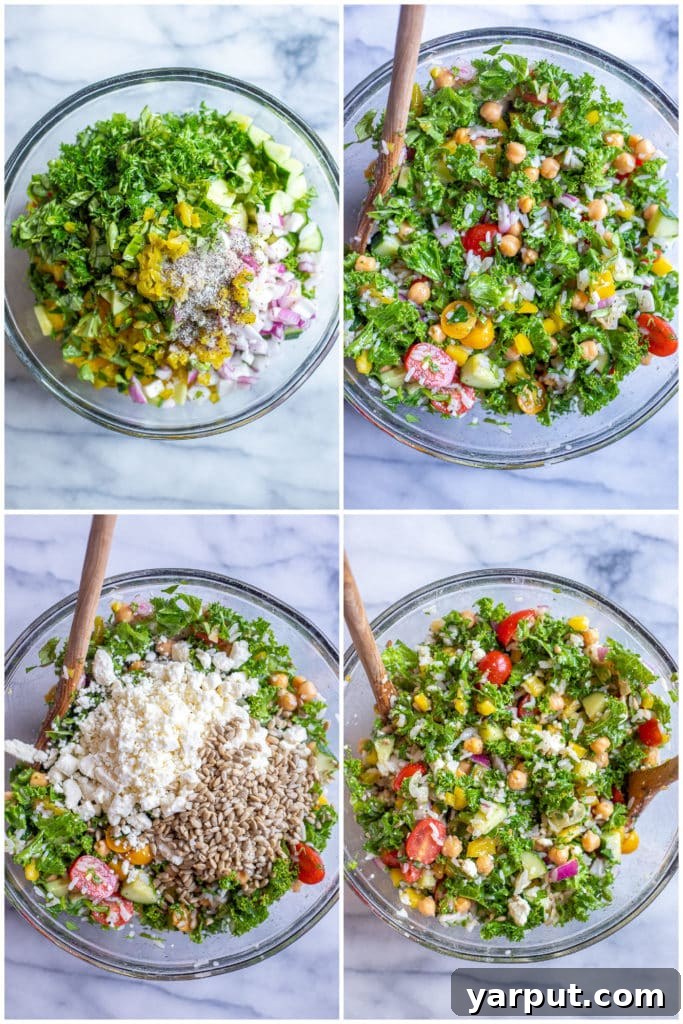 Hearty Chickpea & Kale Rice Bowl 4 Step-by-step imagery showing the process of mixing the fresh ingredients for a Rice Salad with Chickpeas and Kale in a large bowl.