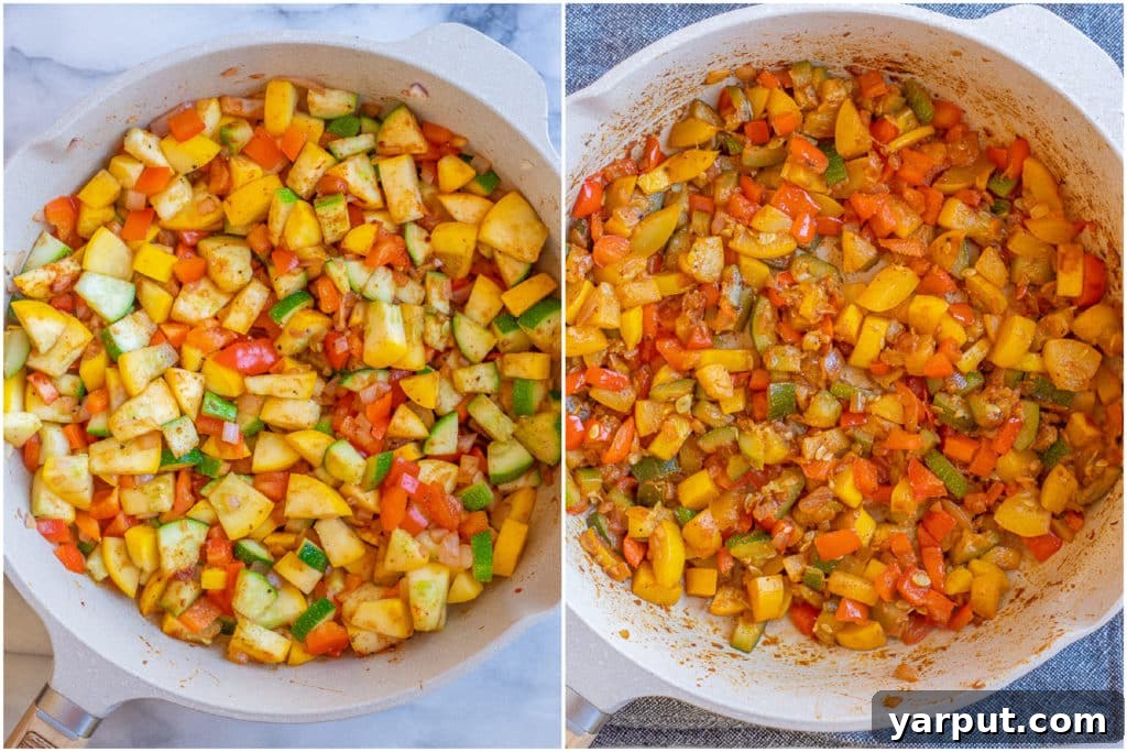 Delicious Oven-Baked Vegetarian Tacos 3 Summer vegetables, including zucchini, bell peppers, and onions, in a frying pan, showing them before and after being cooked to a golden-brown tenderness