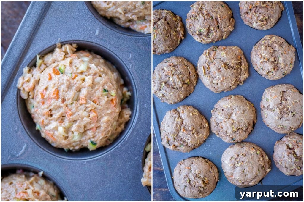 Farmhouse Zucchini Apple Carrot Muffins 4 A visual comparison of zucchini muffins before and after being baked, showcasing their transformation from raw batter to golden-brown treats.