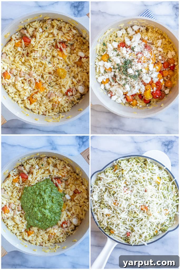 One Pan Pesto Orzo with Burst Cherry Tomatoes and Feta 4 Step-by-step visual guide demonstrating the preparation of baked pesto orzo, from roasting tomatoes to mixing ingredients.