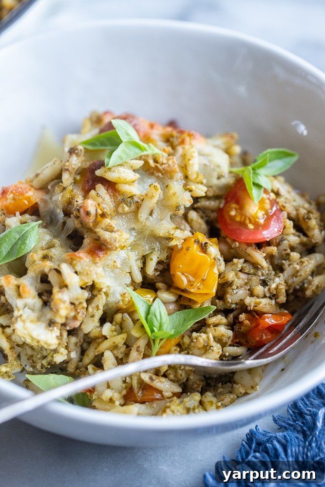 One Pan Pesto Orzo with Burst Cherry Tomatoes and Feta 6 A comforting bowl of baked pesto orzo, garnished with fresh cherry tomatoes and basil, inviting you to enjoy its rich flavors.