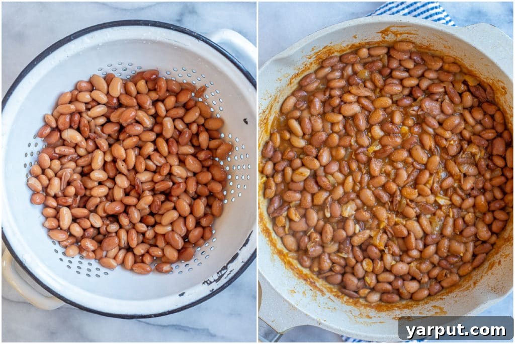 A pan illustrating the step-by-step process of making easy homemade refried beans with canned beans, showing aromatics and beans cooking